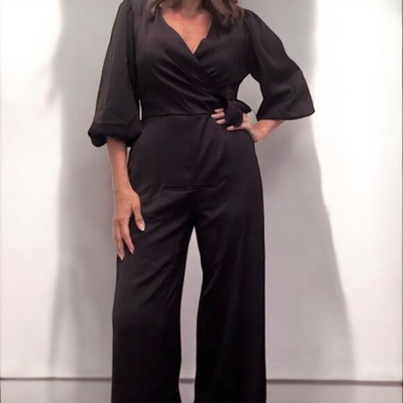 She + Sky Satin Wide Leg Jumpsuit Black Faux-Wrap Balloon Sleeve Size L - Picture 1 of 12